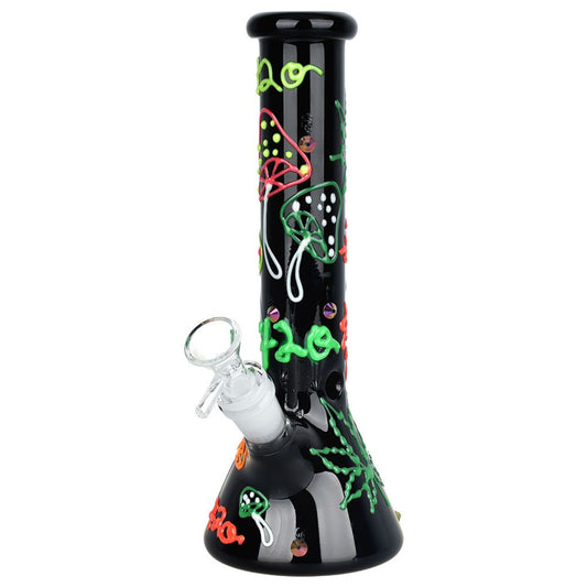 420 Leaf and Shroom Glow In Dark Glass Beaker Water Pipe - 9.5"