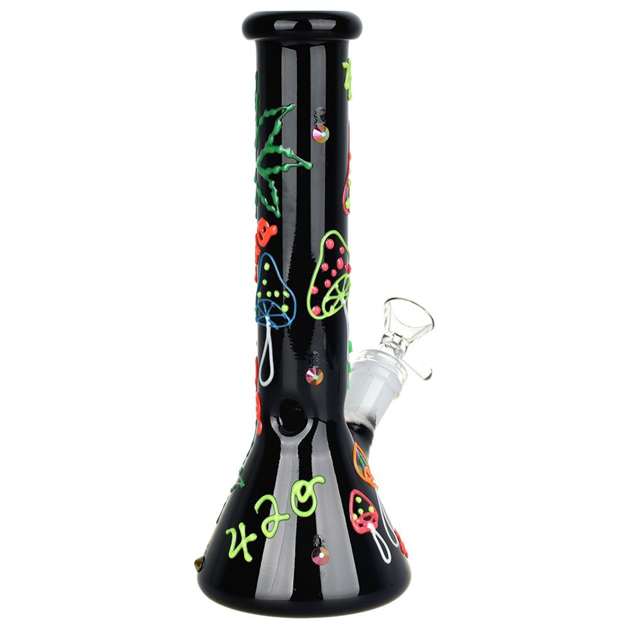 420 Leaf and Shroom Glow In Dark Glass Beaker Water Pipe - 9.5"